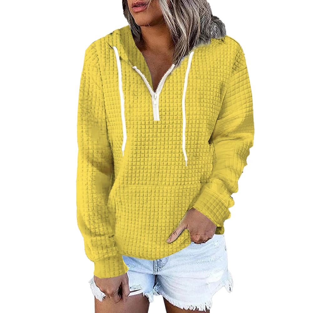 Pullover Hooded Sweatshirt Pure Color Long Sleeves Drawstring Hoodie Top for Home Shopping Yellow L