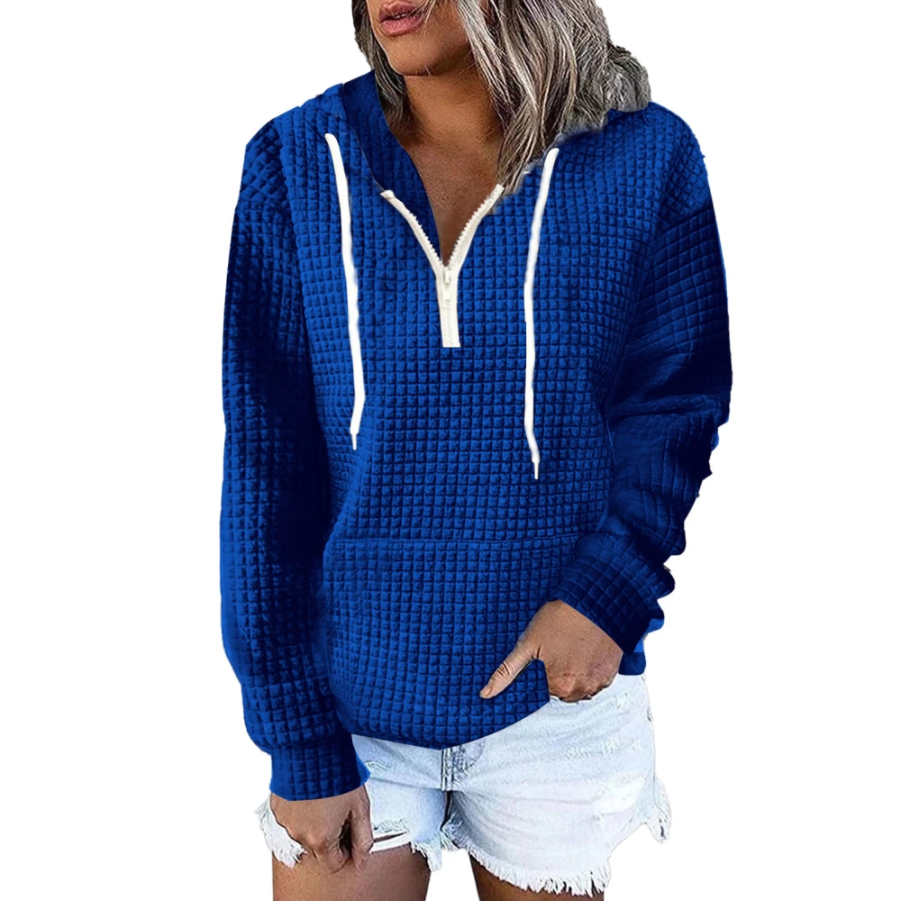 Pullover Hooded Sweatshirt Pure Color Long Sleeves Drawstring Hoodie Top for Home Shopping Dark Blue S