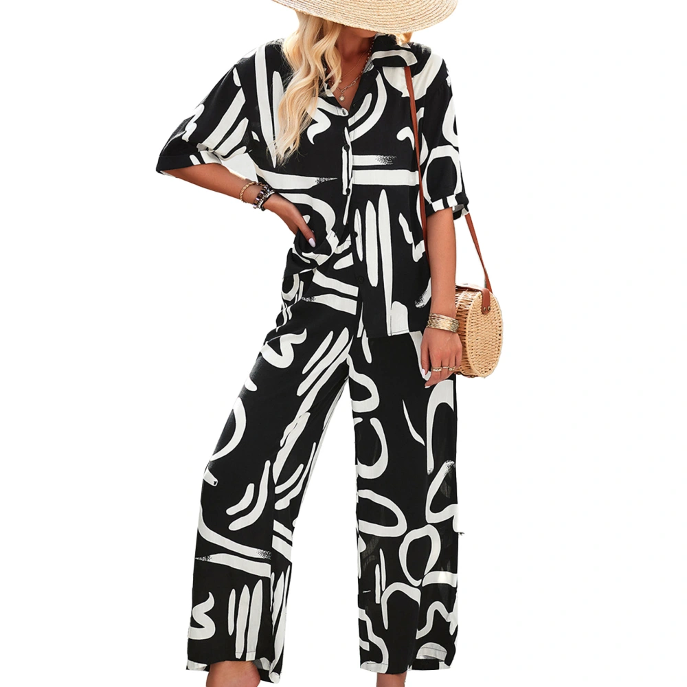 Women Printed Lounge Suit Long Trousers Casual Fitted Button Up Short Sleeve Printed Lounge Suit Black M