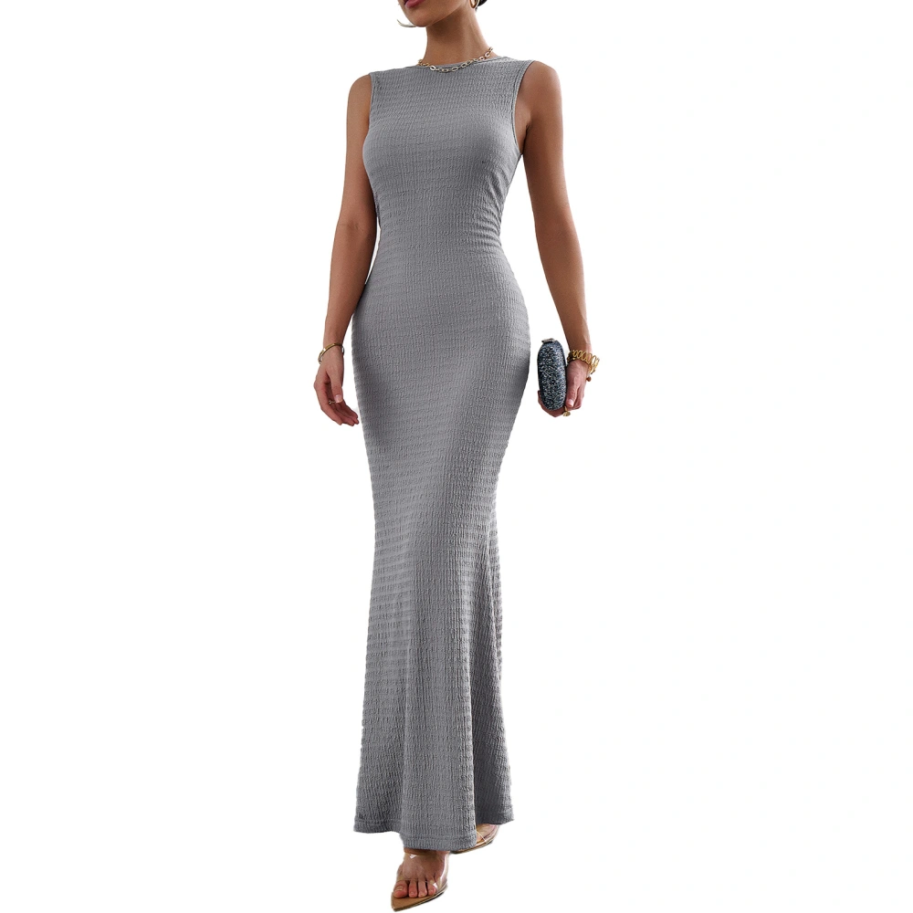 Sleeveless Knitted Bodycon Long Dress Slim Fitted Elegant Plain Color Sleeveless Bodycon Maxi Dress for Women Gray XL