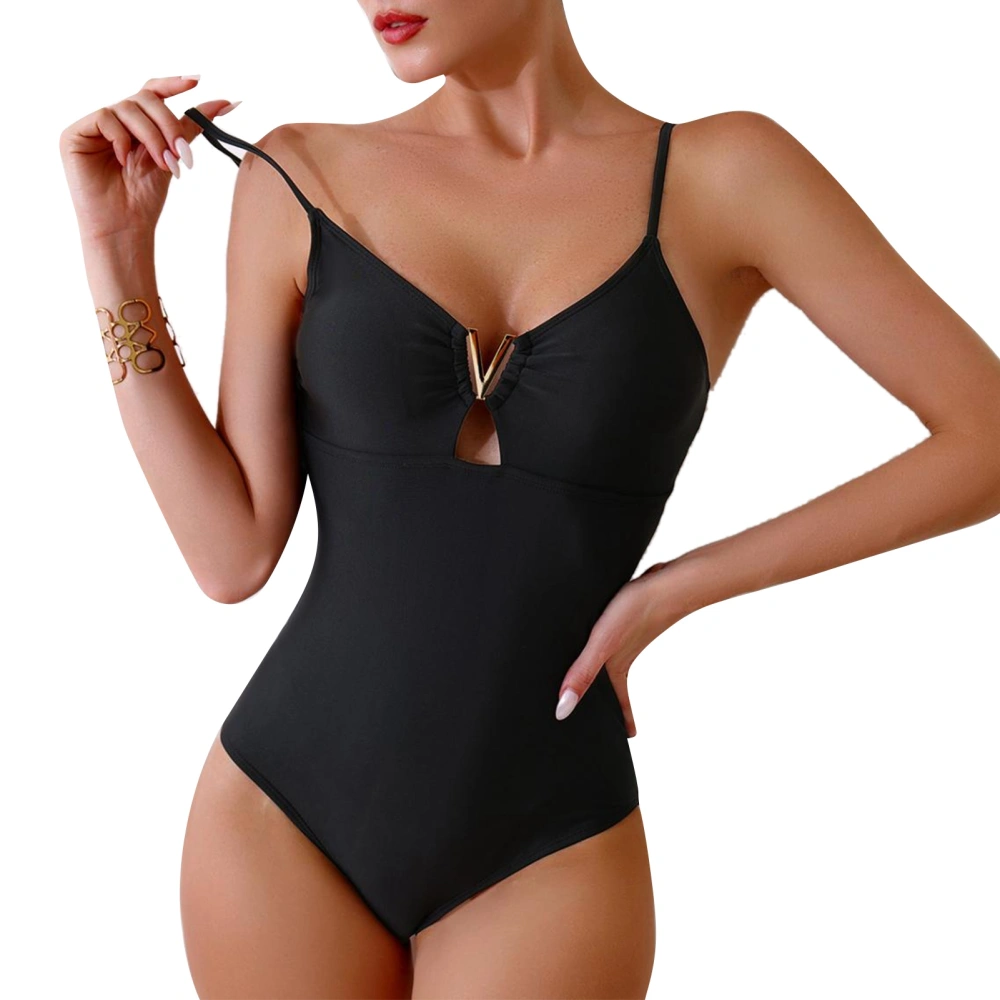 Women V Neck One Piece Bathing Suit V Neck Hollow Spaghetti Strap Slim Fit Stylish One Piece Swimsuit Black S