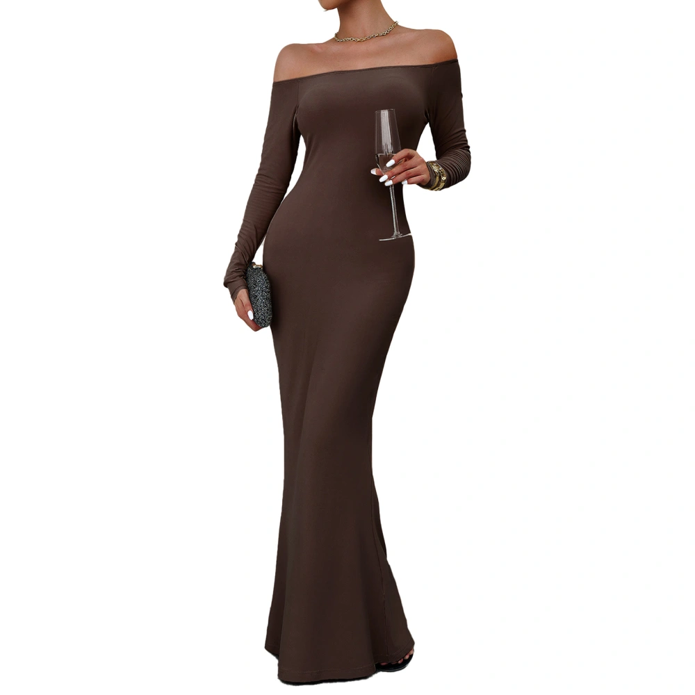 Women Off Shoulder Bodycon Maxi Dress Long Sleeve Elegant Fishtail Hem Slim Fit Midi Dress Coffee L