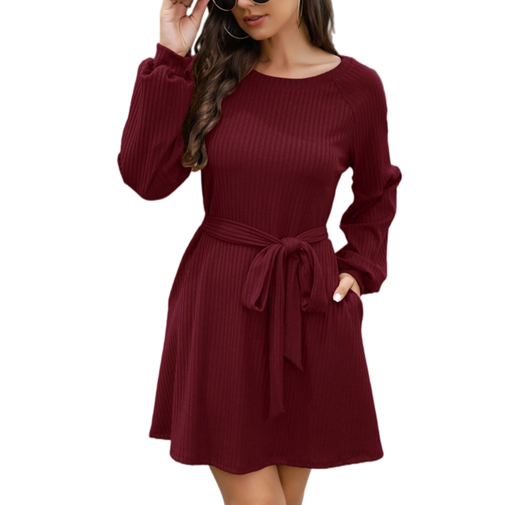 Women Ribbed Knit Dress Long Sleeve Tie Waist Round Neck Pure Color Daily Casual Mini Dress Wine Red S