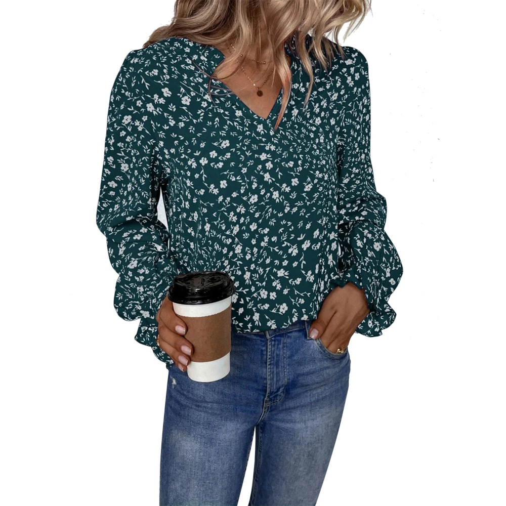 Women V Neck Ruffle Long Sleeve Tops Floral Ruffle Trim Blouse for Party Shopping Leisure Travel Green L