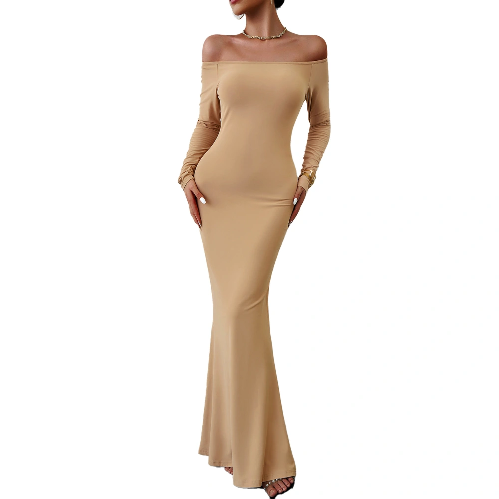 Women Off Shoulder Bodycon Maxi Dress Long Sleeve Elegant Fishtail Hem Slim Fit Midi Dress Khaki S