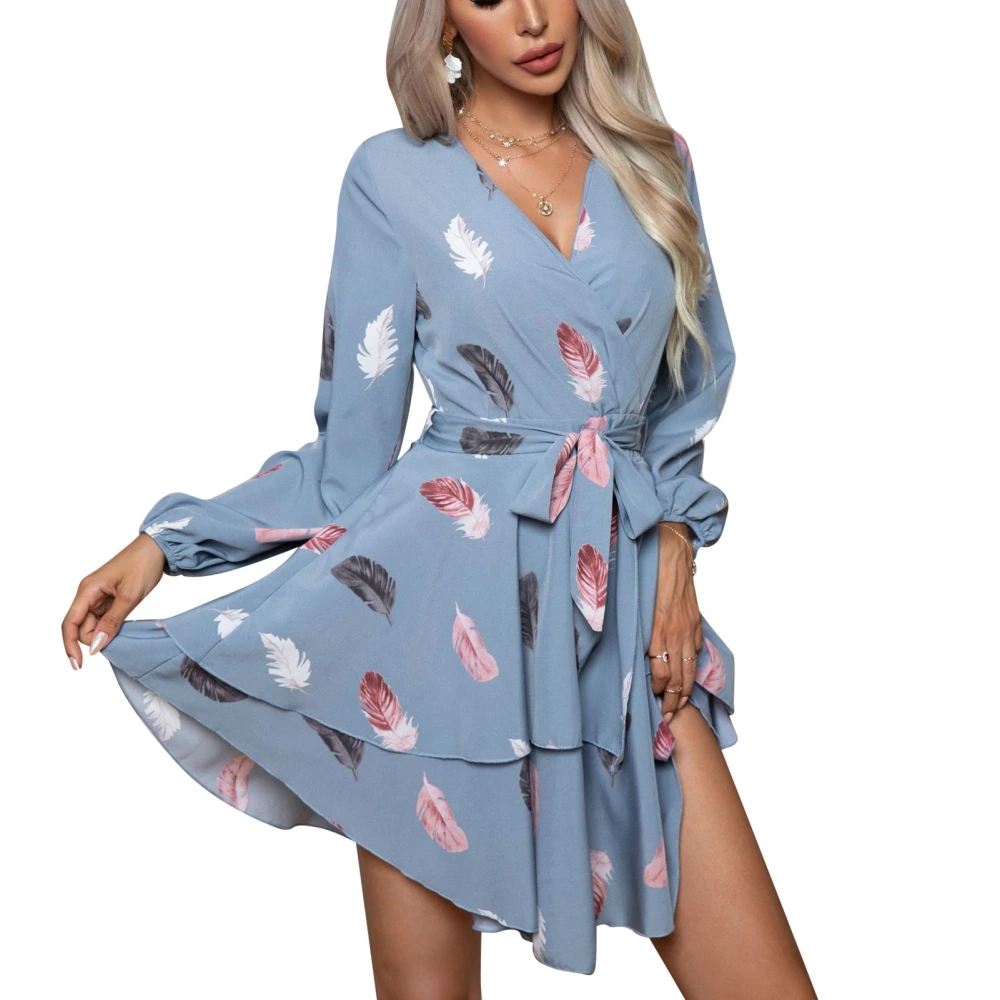 Women Feather Print Short Dress Multi Layer Hem Tie Waist Slimming V Neck Long Sleeve Layered Hem Stylish Printed Dress Sky Blue M