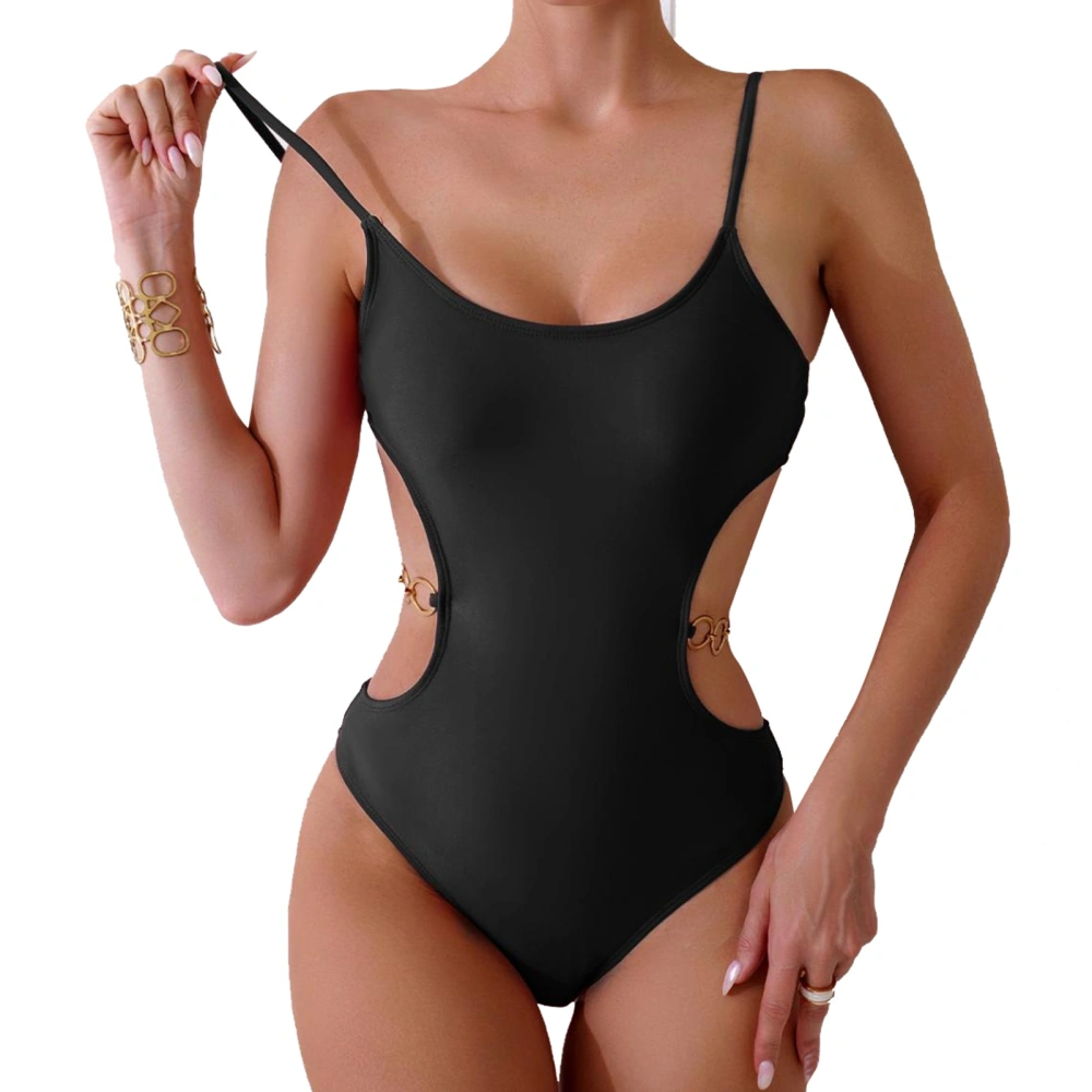 One Piece Swimsuit Backless Suspender Pure Color Skin Friendly Women One Piece Swimdress for Swimming Beach Party Black L