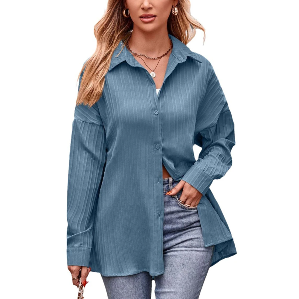 Women Long Sleeves Shirt Stripes Jacquard Turn Down Collar Single Breasted Casual Loose Fit Blouses Mist Blue S