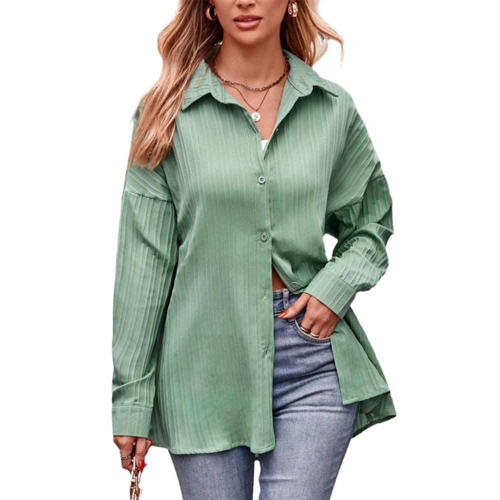 Women Long Sleeves Shirt Stripes Jacquard Turn Down Collar Single Breasted Casual Loose Fit Blouses Bean Green XXL