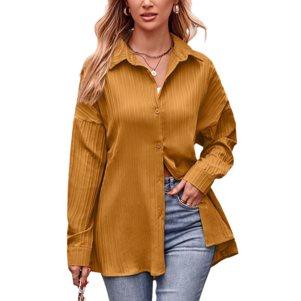 Women Long Sleeves Shirt Stripes Jacquard Turn Down Collar Single Breasted Casual Loose Fit Blouses Beige S