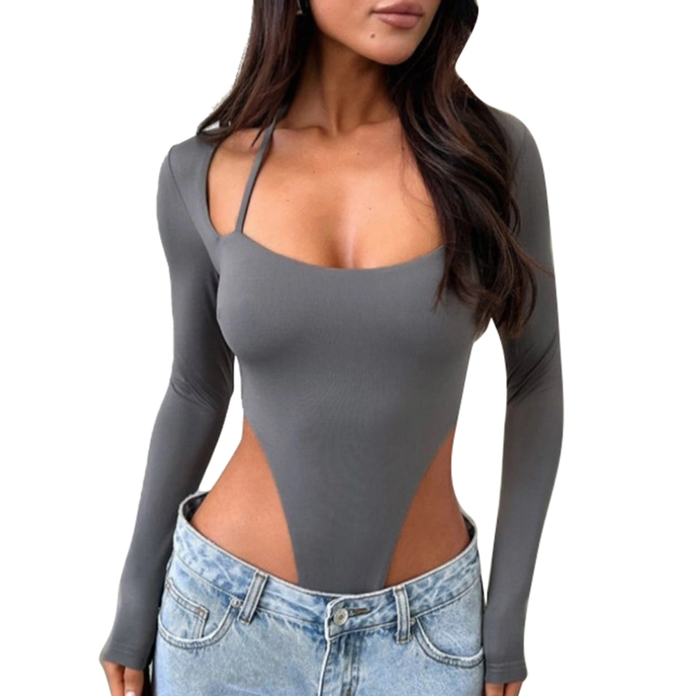 Women Long Sleeve Bodysuit Halter Neck Slim Fit Stretchy High Cut One Piece Basic Bodysuit Dark Grey M