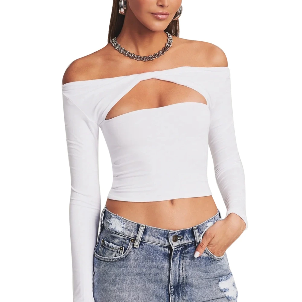 Women Off Shoulder Long Sleeve T Shirt Chest Cutout Slim Fit Pure Color Stretchy Casual Top White S