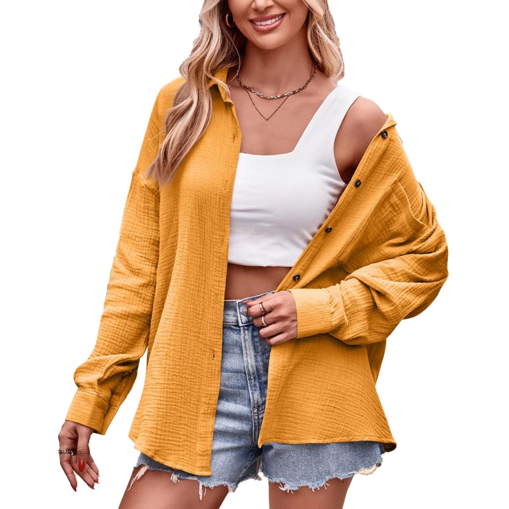 Woman Casual Long Sleeve Solid Color Shirts V Neck Button Down Lapel Collared Blouse Tops for Party Shopping Travel Yellow XXL