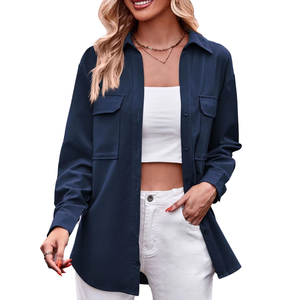 Long Sleeve Shirt Turn Down Collar Double Pockets Pure Color Exquisite Button Casual Loose Top for Office Shopping Royalblue S