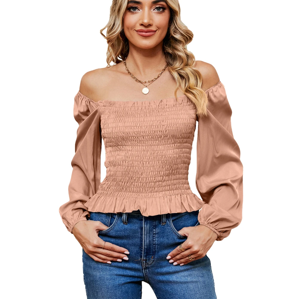 Women Off Shoulder Solid Blouse Shirred Puff Sleeve Pure Color Blouse Off Shoulder Slim Fit Long Sleeve Stylish Top Apricot Pink L