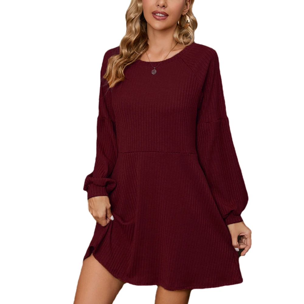 Round Neck Ribbed Dress Long Sleeve Plain Color Casual Fitted Ribbed Knitted Short Dress Burgundy S