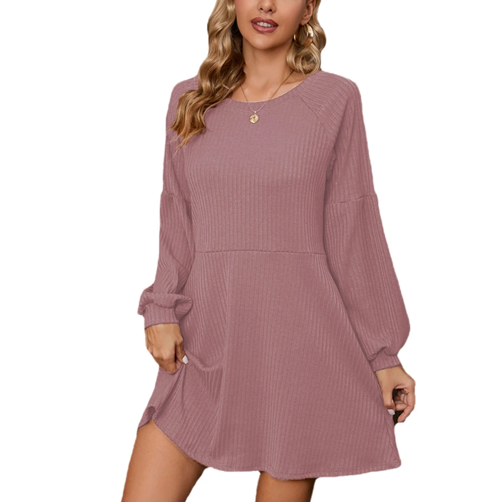 Round Neck Ribbed Dress Long Sleeve Plain Color Casual Fitted Ribbed Knitted Short Dress Pink S