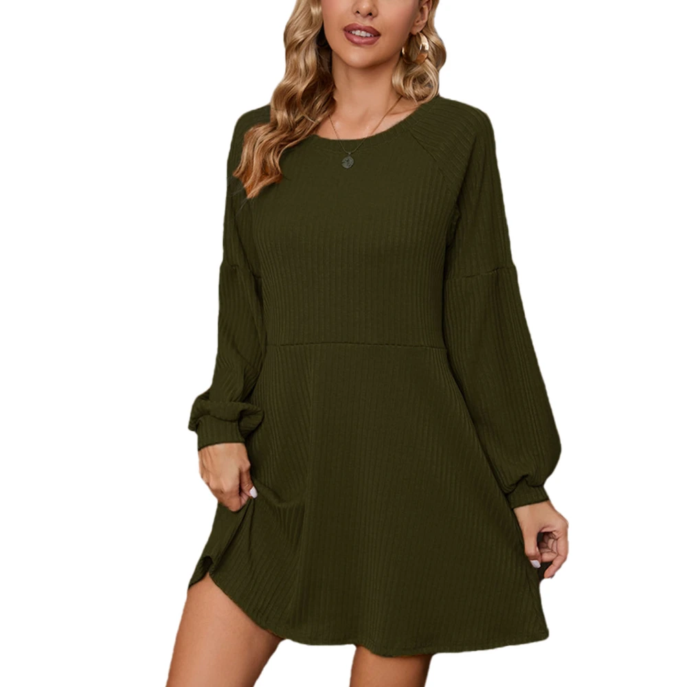 Round Neck Ribbed Dress Long Sleeve Plain Color Casual Fitted Ribbed Knitted Short Dress OD Green XL