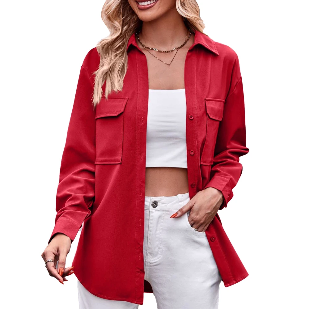 Long Sleeve Shirt Turn Down Collar Double Pockets Pure Color Exquisite Button Casual Loose Top for Office Shopping Jujube Red XL