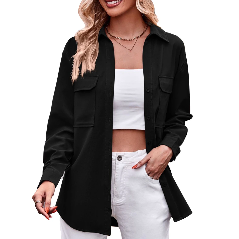 Long Sleeve Shirt Turn Down Collar Double Pockets Pure Color Exquisite Button Casual Loose Top for Office Shopping Black M