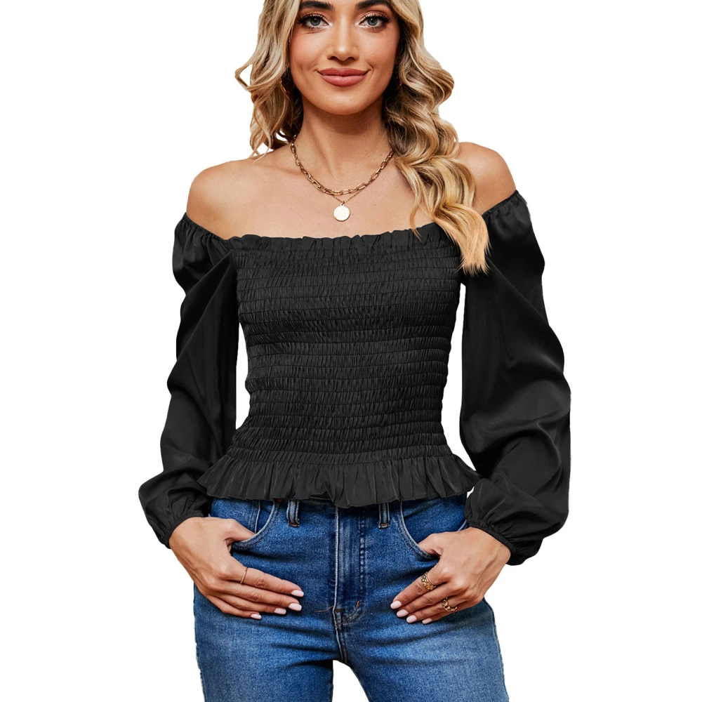 Women Off Shoulder Solid Blouse Shirred Puff Sleeve Pure Color Blouse Off Shoulder Slim Fit Long Sleeve Stylish Top Black XL