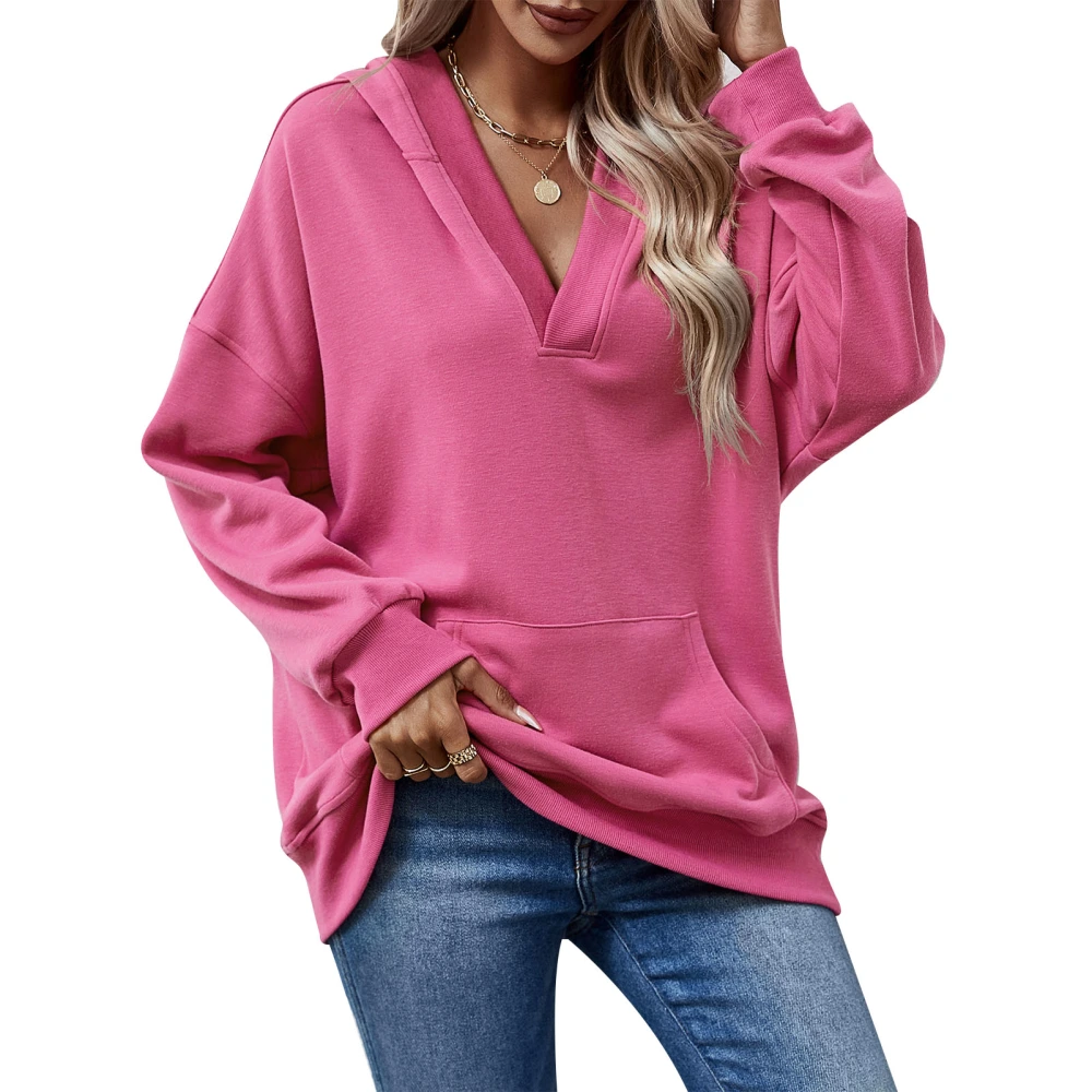 Women V Neck Hoodied Sweatshirt with Pocket Long Sleeve Pure Color Loose Hoodied Casual Pullover Sweatshirt Rose Red L