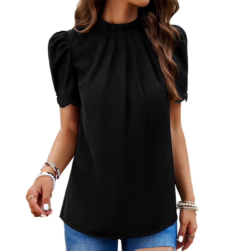 Women Solid Puff Short Sleeve Blouse Pleated Round Neck Lace Short Sleeve Casual Pure Color Back Collar Button Blouse Black XL