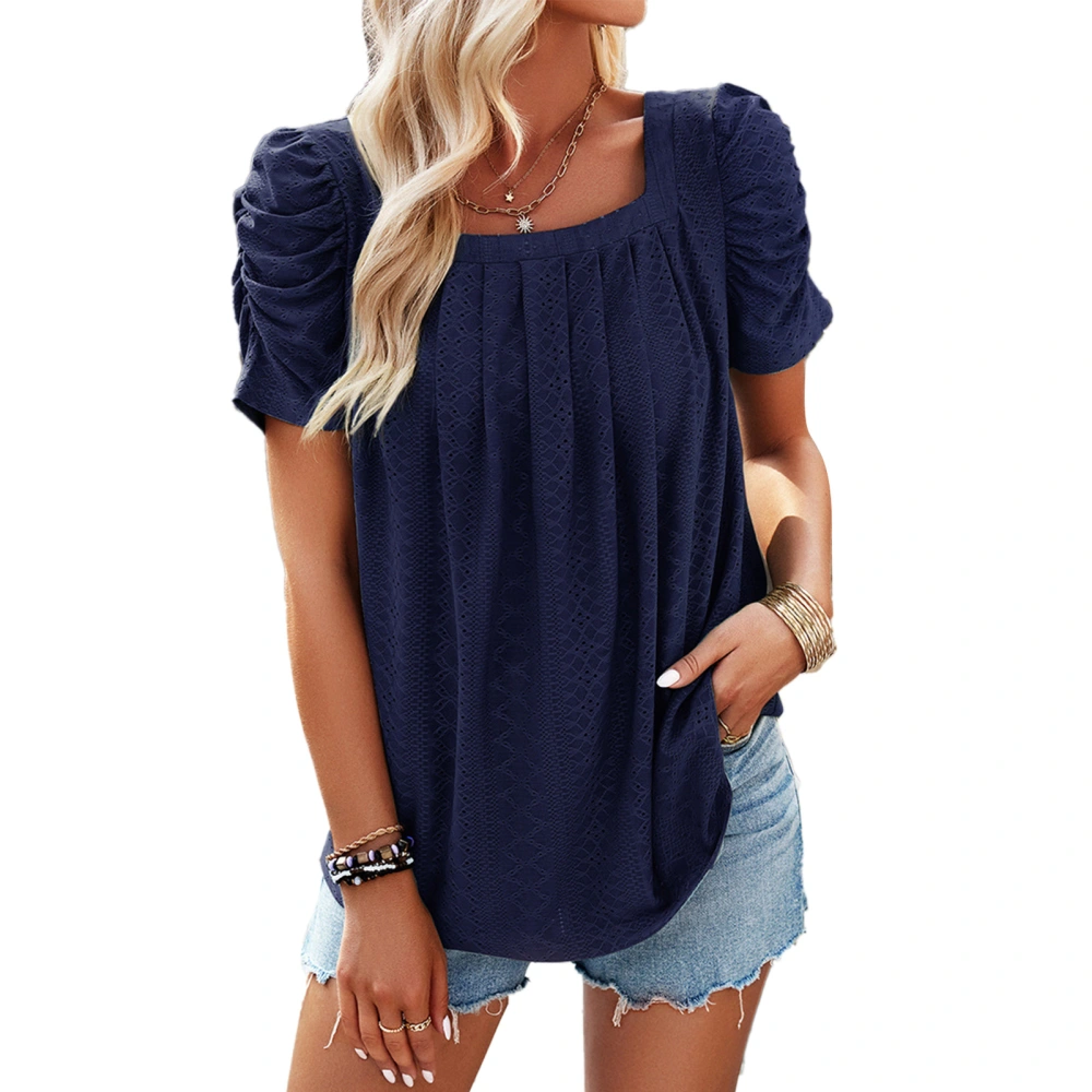 Puff Short Sleeve Hollow Blouse Jacquard Plain Color Puff Sleeve Loose Fitted Hollow Flowy Blouse Purplish Blue M