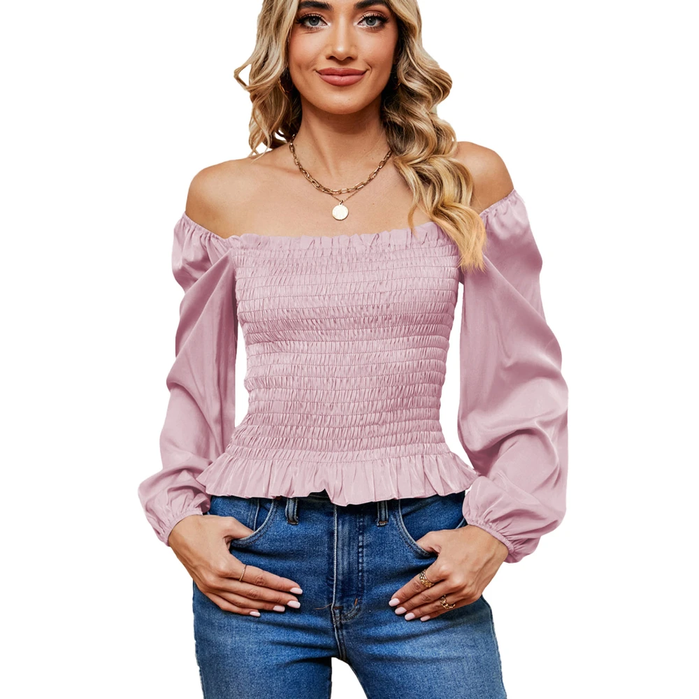 Women Off Shoulder Solid Blouse Shirred Puff Sleeve Pure Color Blouse Off Shoulder Slim Fit Long Sleeve Stylish Top Pink XL