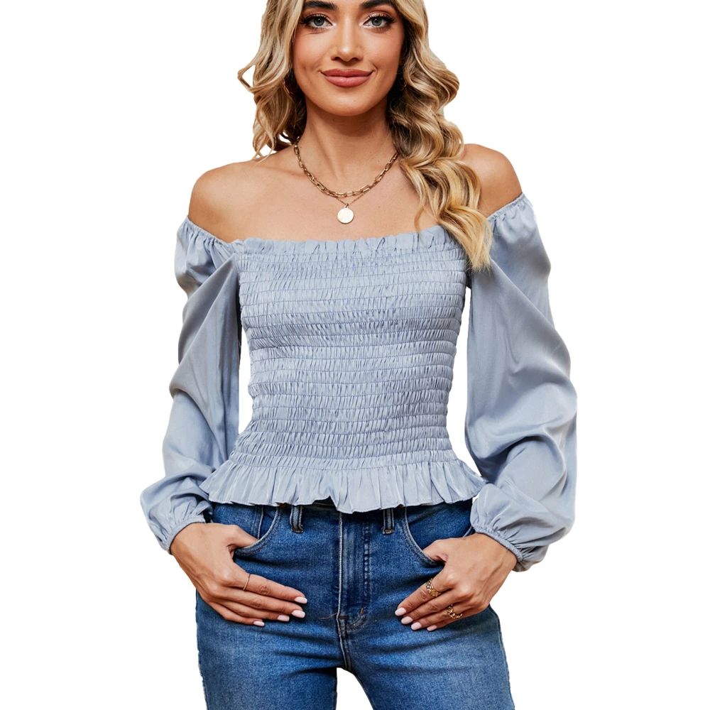 Women Off Shoulder Solid Blouse Shirred Puff Sleeve Pure Color Blouse Off Shoulder Slim Fit Long Sleeve Stylish Top Blue L