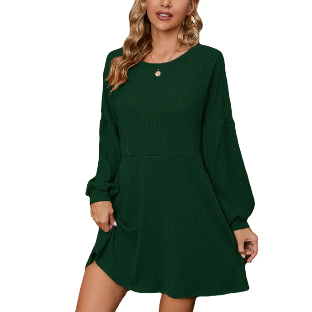 Round Neck Ribbed Dress Long Sleeve Plain Color Casual Fitted Ribbed Knitted Short Dress Green L