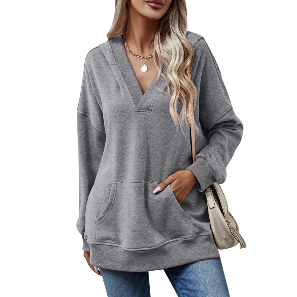 Women V Neck Hoodied Sweatshirt with Pocket Long Sleeve Pure Color Loose Hoodied Casual Pullover Sweatshirt Grey L