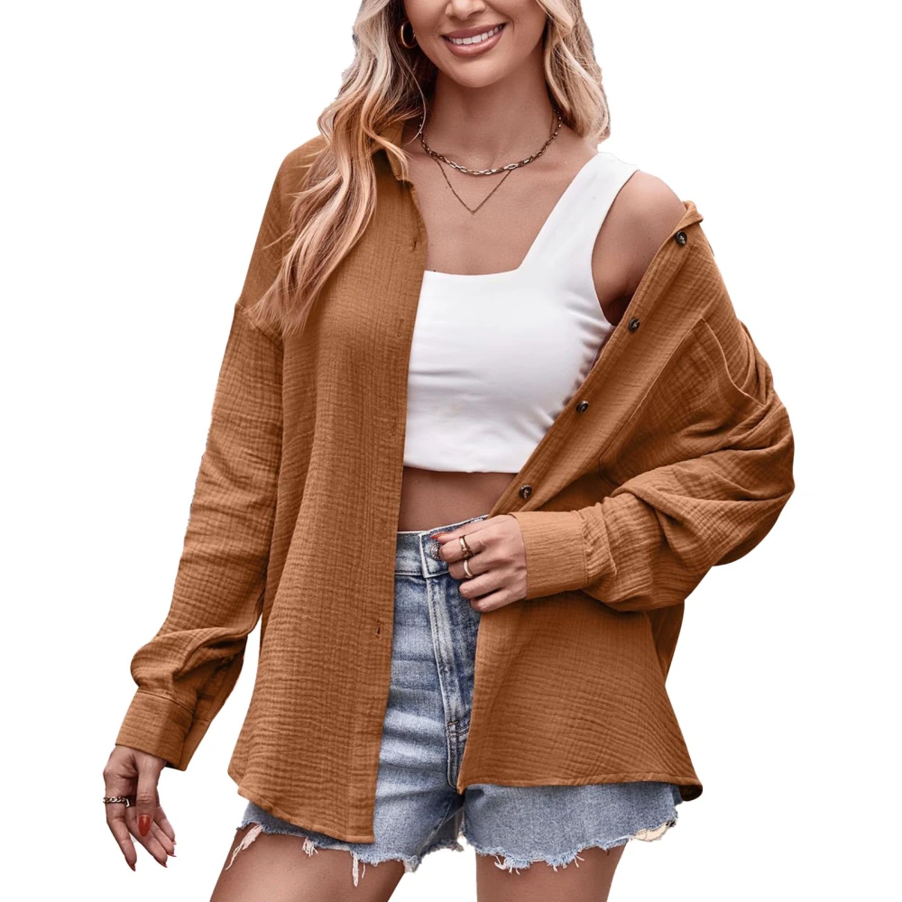 Woman Casual Long Sleeve Solid Color Shirts V Neck Button Down Lapel Collared Blouse Tops for Party Shopping Travel Brown XL