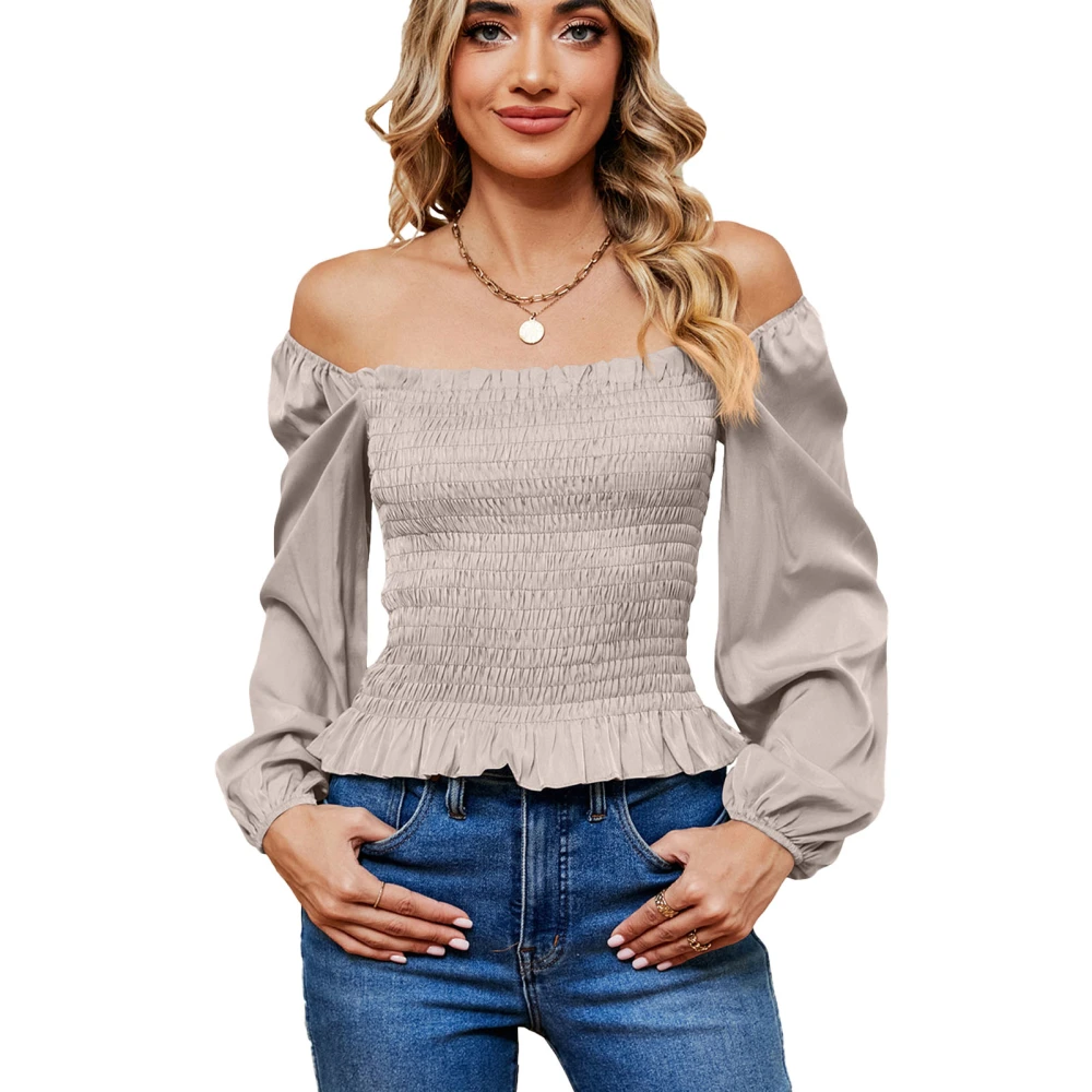 Women Off Shoulder Solid Blouse Shirred Puff Sleeve Pure Color Blouse Off Shoulder Slim Fit Long Sleeve Stylish Top Apricot XL