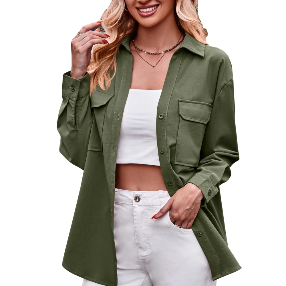 Long Sleeve Shirt Turn Down Collar Double Pockets Pure Color Exquisite Button Casual Loose Top for Office Shopping OD Green XXL