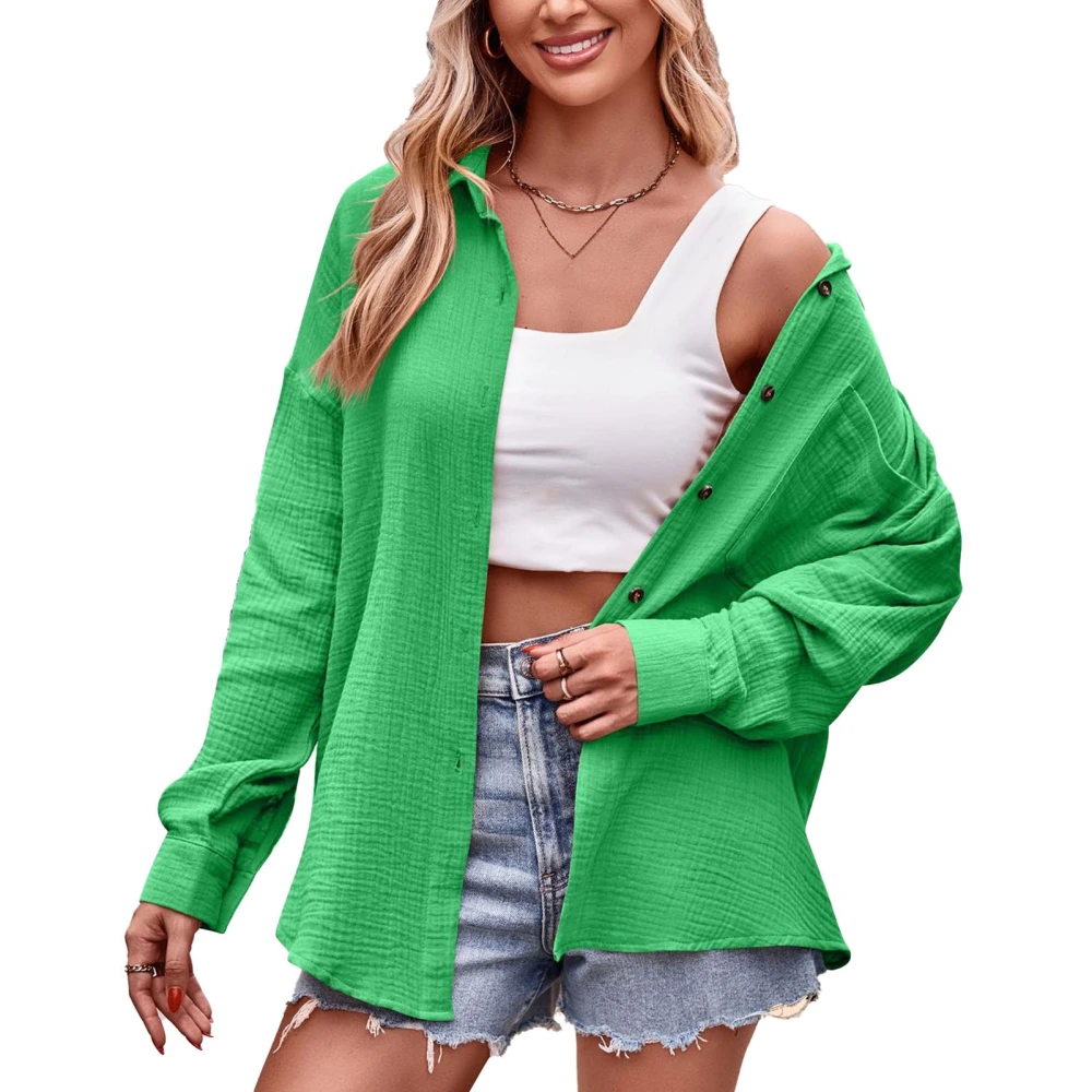 Woman Casual Long Sleeve Solid Color Shirts V Neck Button Down Lapel Collared Blouse Tops for Party Shopping Travel Green M