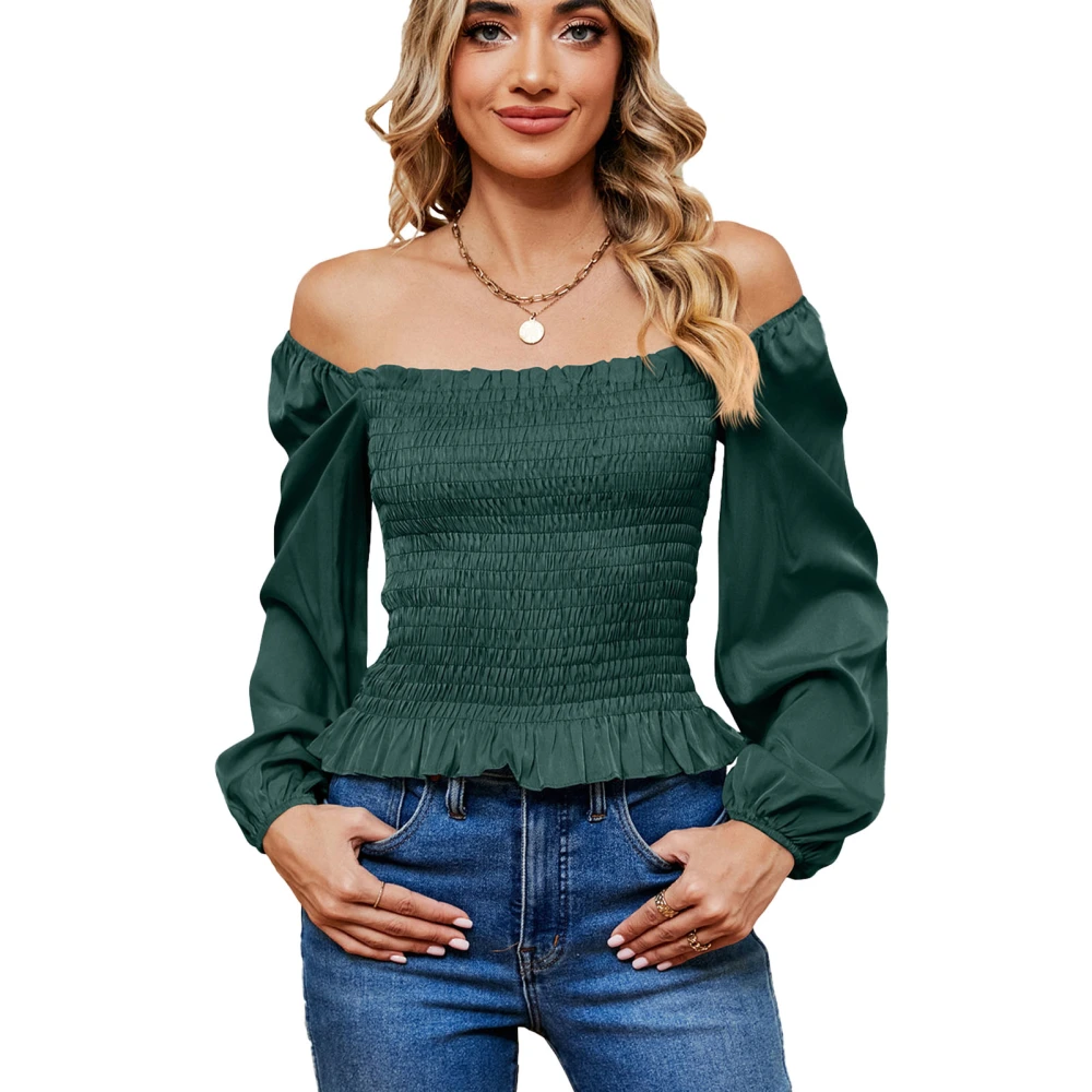 Women Off Shoulder Solid Blouse Shirred Puff Sleeve Pure Color Blouse Off Shoulder Slim Fit Long Sleeve Stylish Top Dark Green L