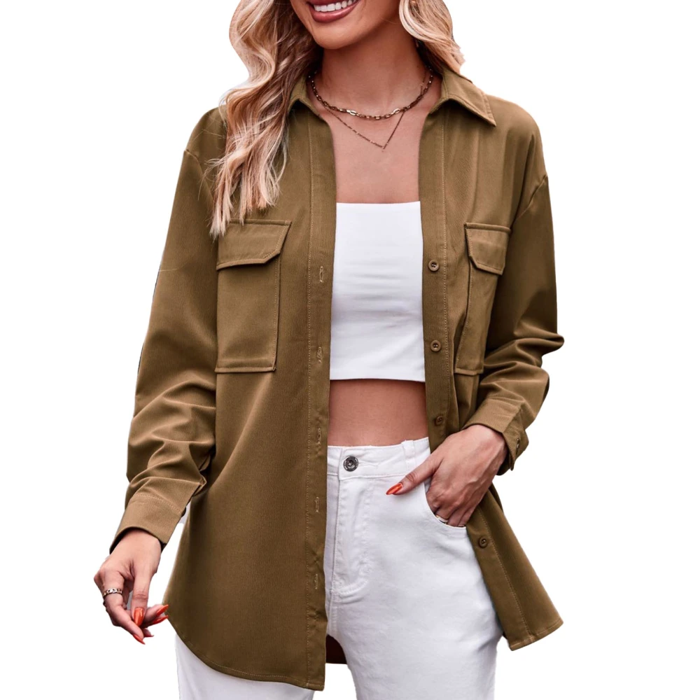 Long Sleeve Shirt Turn Down Collar Double Pockets Pure Color Exquisite Button Casual Loose Top for Office Shopping Light Tan XL