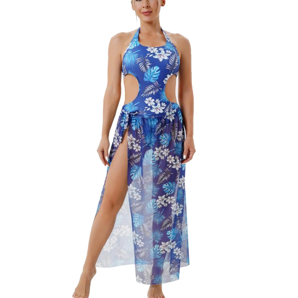 Women Halter Neck Swimsuit Backless Waist Cut Out Fashionable Printing Summer Bathing Suit with Hip Wrap Skirt Blue S