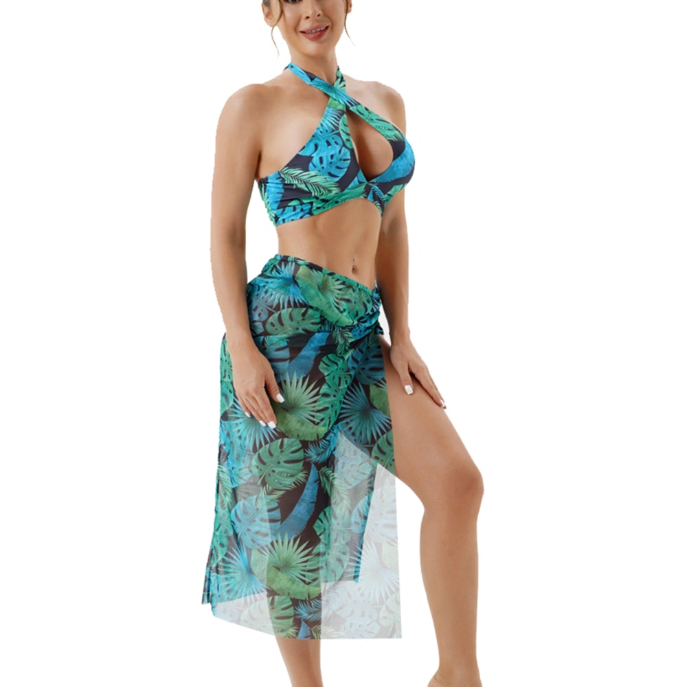 3 Pieces Women Printing Swimsuit Set Crossing Halter Neck Bra High Cut Briefs Hip Wrap Skirt Bathing Suit Green S