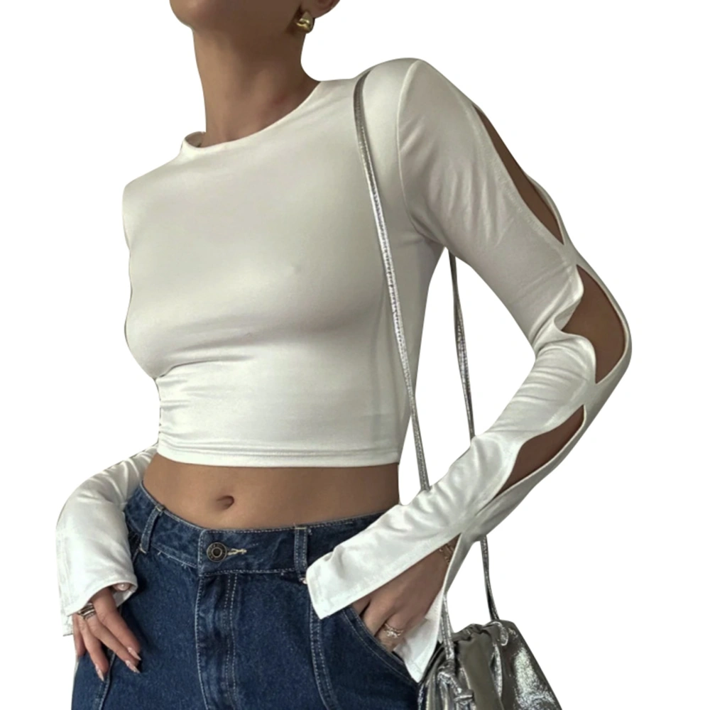 Women Cutout Long Sleeve T Shirt Cropped Length Stretchy Casual Fashion Slim Fit Basic Top White M