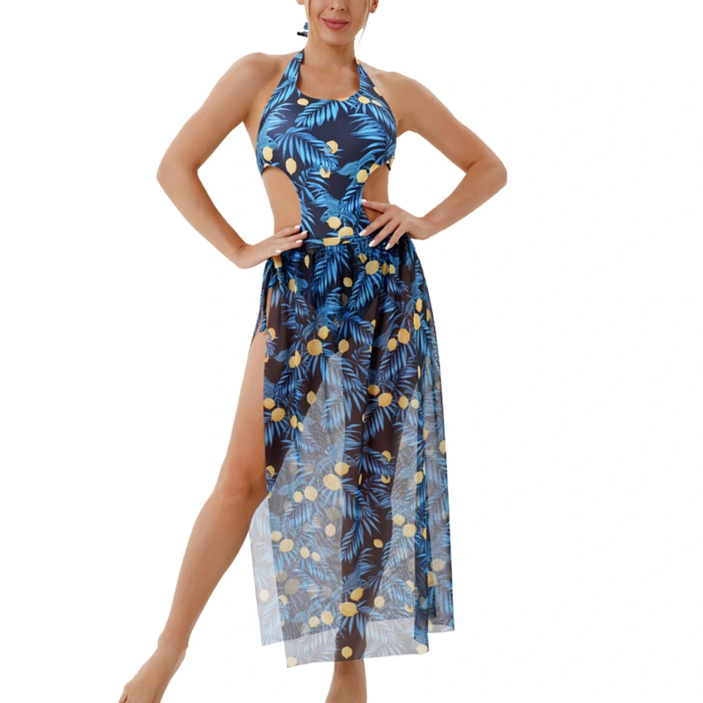 Women Halter Neck Swimsuit Backless Waist Cut Out Fashionable Printing Summer Bathing Suit with Hip Wrap Skirt Dark Blue XXL