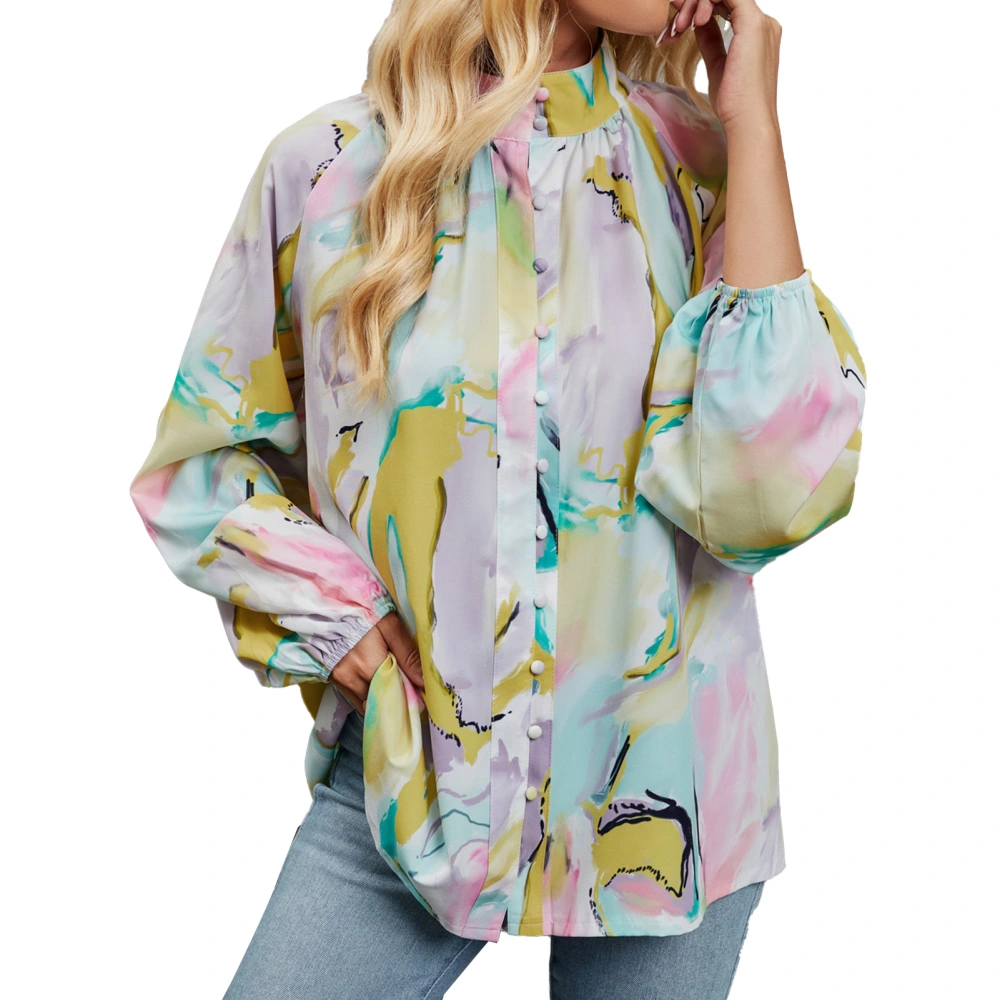 Women Tie Dye Button Up Shirt Long Lantern Sleeve Loose Fit Casual Pleated Tie Dye Blouse Yellow Green Print S