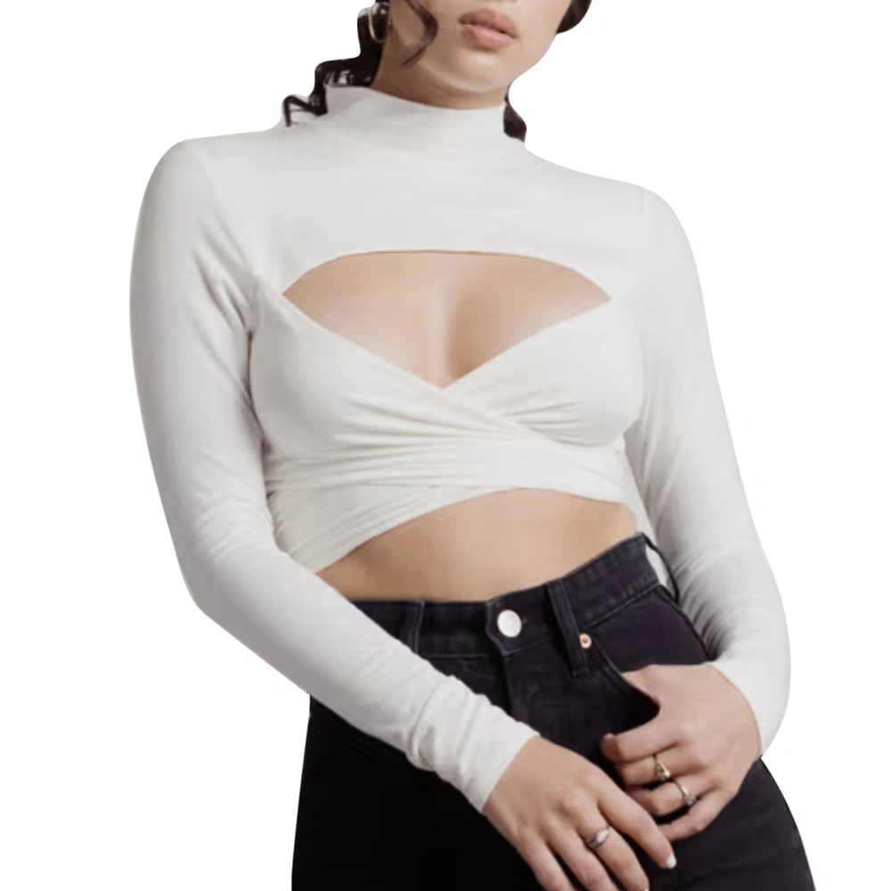 Women Cutout Cross Blouse Long Sleeve Plain Color Slim Fitted Turtleneck Belt Cutout Cross Blouse White M