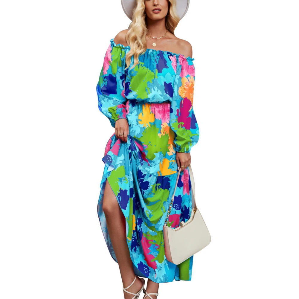 Women Off Shoulder Print Dress Fashion Print Long Sleeve Waist Slimming Fashionable Long Dress Sky Blue Print XL