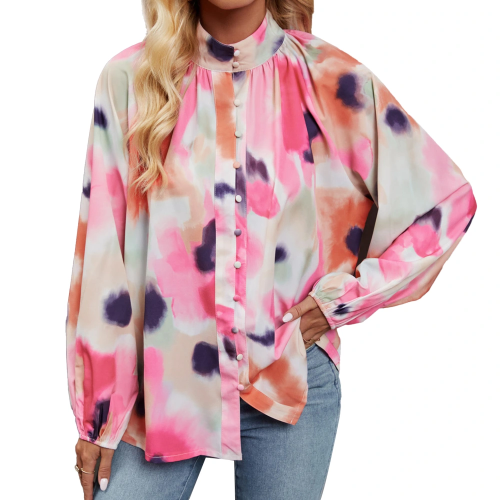 Women Tie Dye Button Up Shirt Long Lantern Sleeve Loose Fit Casual Pleated Tie Dye Blouse Rose Red Print M