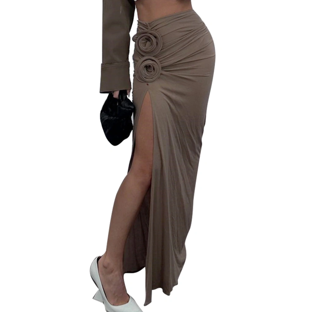 Women High Waist Side Split Skirt Flower Decorated Ruched Side Split Solid Color Fashionable Long Skirt Brown S