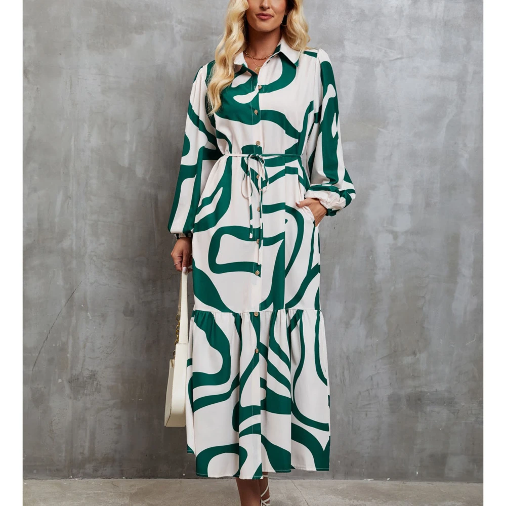 Shirt Dress Turn Down Collar Print Single Breasted Waist Tie Long Sleeve Casual Loose Dress for Party Shopping Green and White Print XL