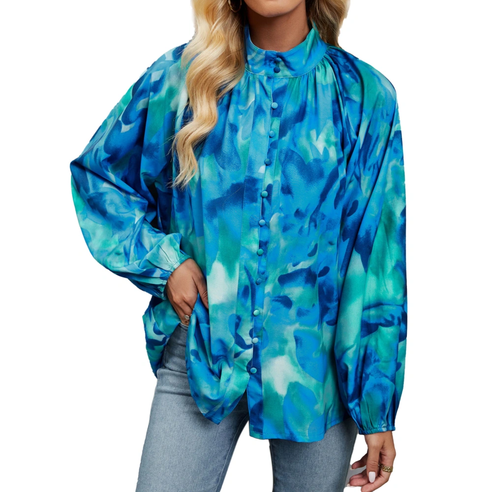 Women Tie Dye Button Up Shirt Long Lantern Sleeve Loose Fit Casual Pleated Tie Dye Blouse Blue Print XL