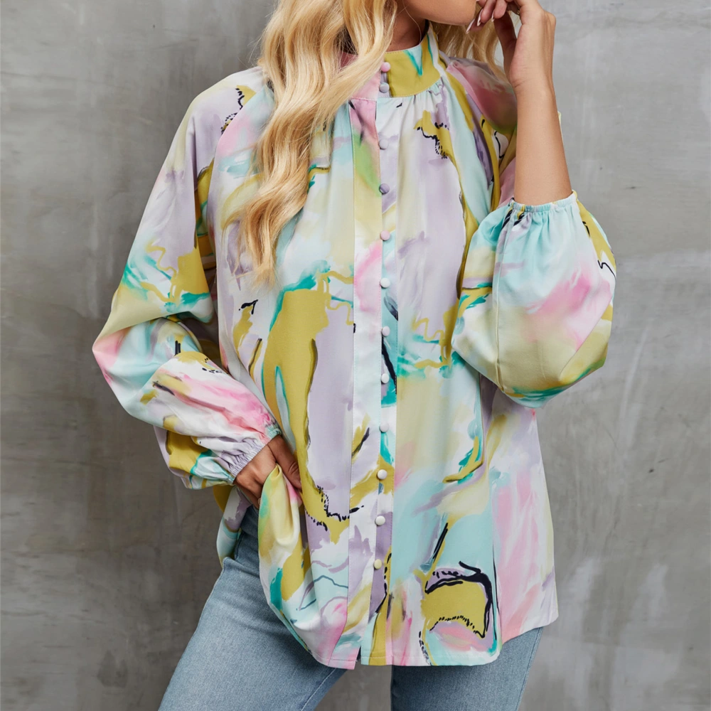 Women Tie Dye Button Up Shirt Long Lantern Sleeve Loose Fit Casual Pleated Tie Dye Blouse Yellow Green Print L